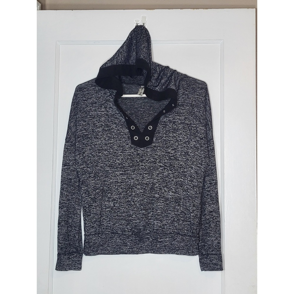 PerSeption Concept Womens Space Dye Hoodie Grey Black Grommet V-Neck Small